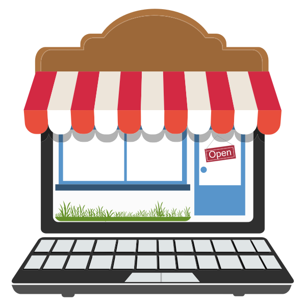 Illustration of an open online store with a variety of products on display. The storefront features a welcoming entrance and a vibrant display of items, showcasing the concept of an accessible and thriving online retail space.