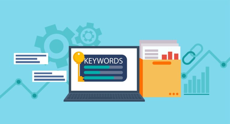 Keywords Research banner. Laptop with a folder of documents and graphs and key. Vector flat illustration. Designed by roserodionova / Freepik