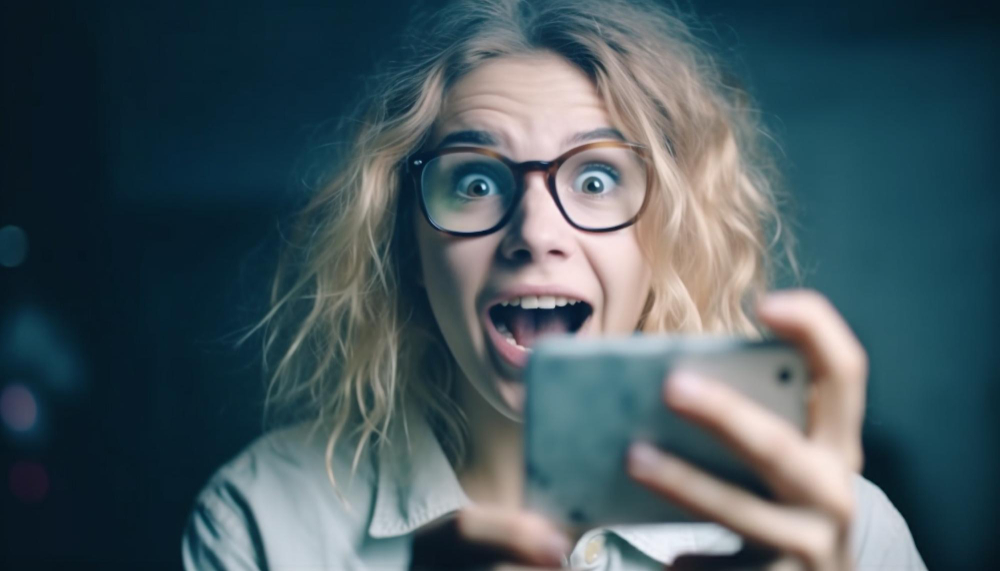 Social Media App Banality image showing girl being surprised looking at her phone