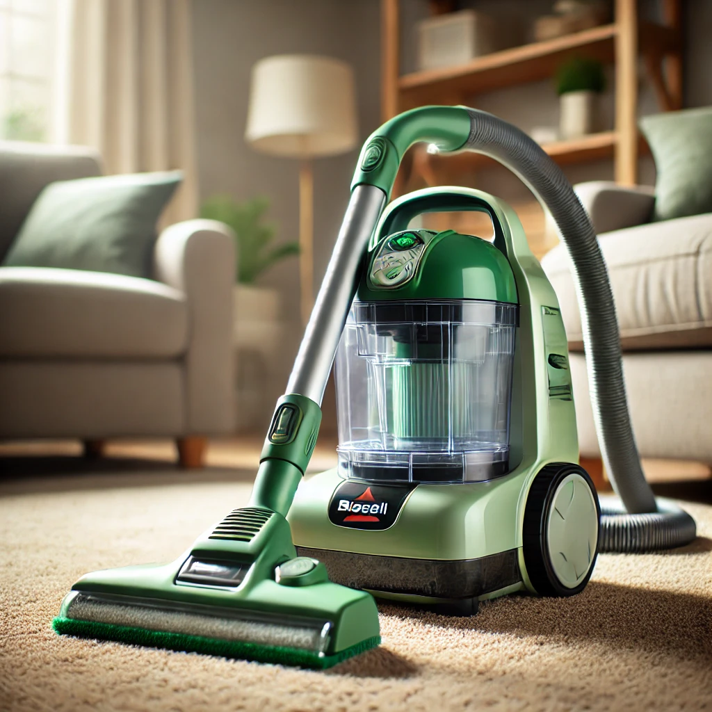 Bissell Little Green Carpet Cleaner with its attachments, ready for spot cleaning on a carpet.