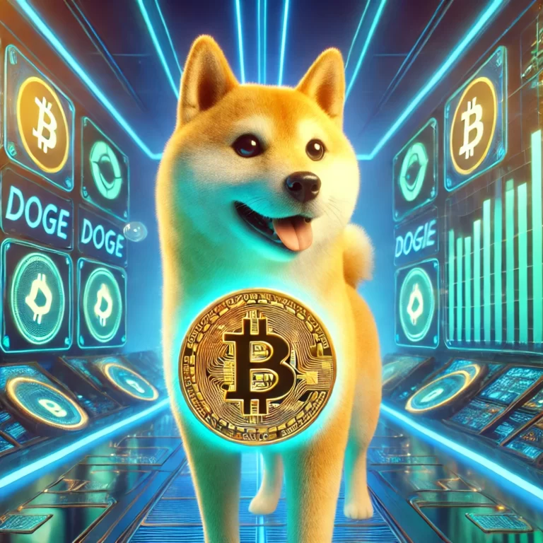 Shiba Inu holding Dogecoin logo coin with digital background representing Dogecoin price trends.