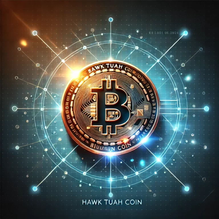 Illustration of Hawk Tuah Coin with blockchain elements.