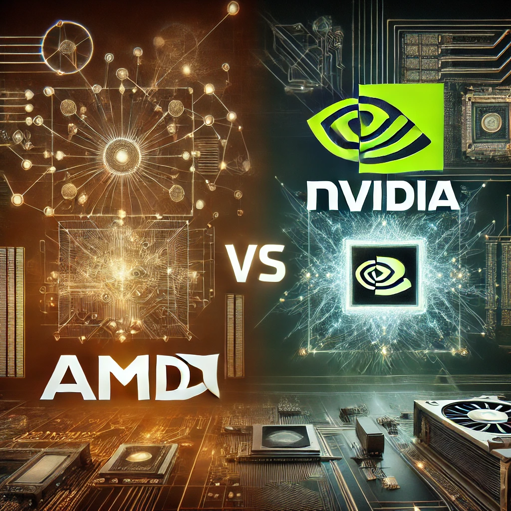 AMD and Nvidia logos with AI graphics representing the competitive landscape in the semiconductor industry for artificial intelligence. This is a featured image for amd stock.