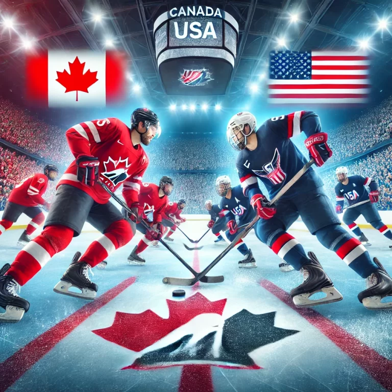 Canada vs USA hockey match showcasing intense competition.