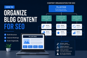 Illustration showing organized blog content structure for SEO with topic clusters, pillar pages, internal linking, and website hierarchy.