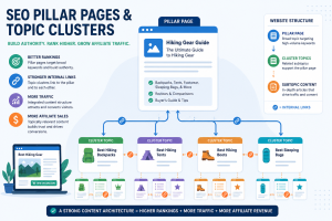 Illustration of SEO pillar pages and topic clusters for affiliate websites, showing internal linking, website structure, and connected content architecture.