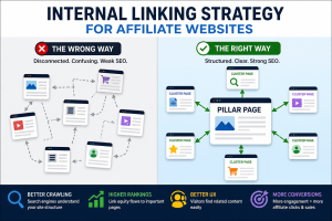 Internal linking strategy diagram for affiliate websites showing pillar pages and topic clusters